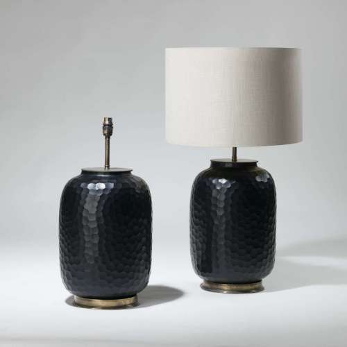 Pair Of Medium Black Honeycomb Cut Glass Lamps On Brass Bases