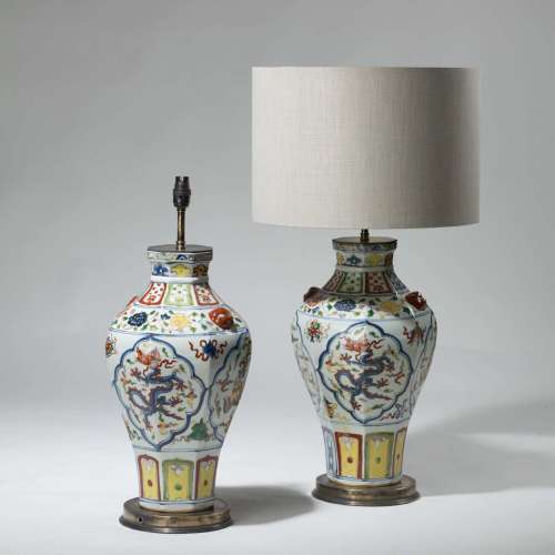 Pair Of Colourful Oriental Chinoiserie Empire Lamps On Brass Bases