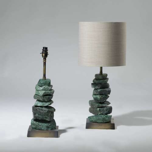 Pair Of Small Green Stacked Rocks Lamps On Square Brass Bases