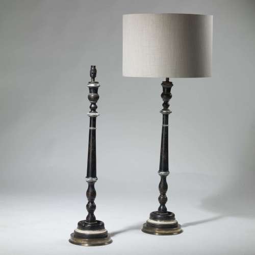 Pair Of Tall Hand Painted Black Wooden Lamps On Brass Bases