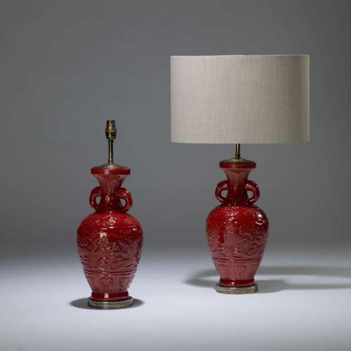 Pair Of Medium Red Ceramic Lamps With Handles On Brass Bases
