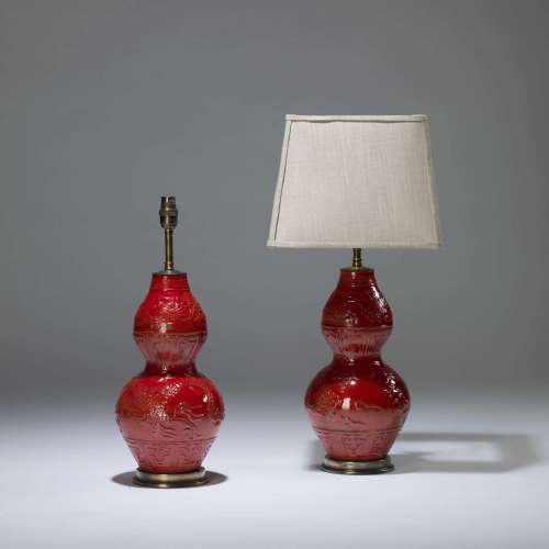 Pair Of Small Red Ceramic Double Gourd Lamps On Brass Bases
