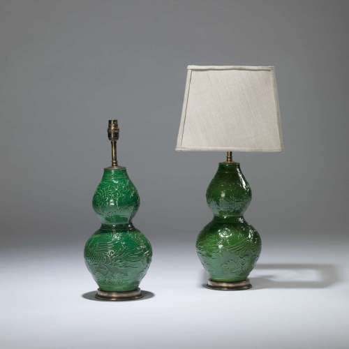 Pair Of Small Green Ceramic Double Gourd Lamps On Brass Bases