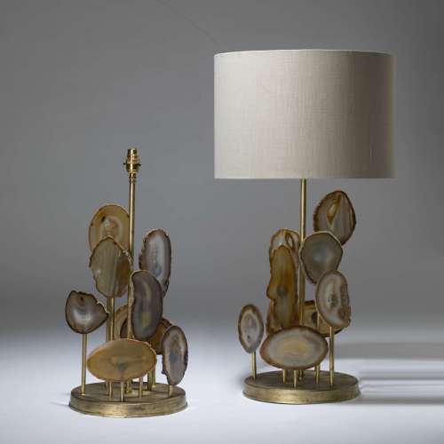 Pair Of Large Round Staggered Brown Agate Lamps With Gold Leaf Finish On Round Bases