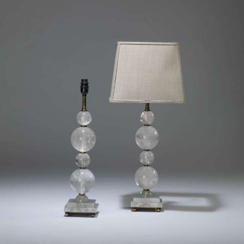 Pair Of Medium  Rock Crystal Stacked Ball Lamps On Rock Crystal Square Bases