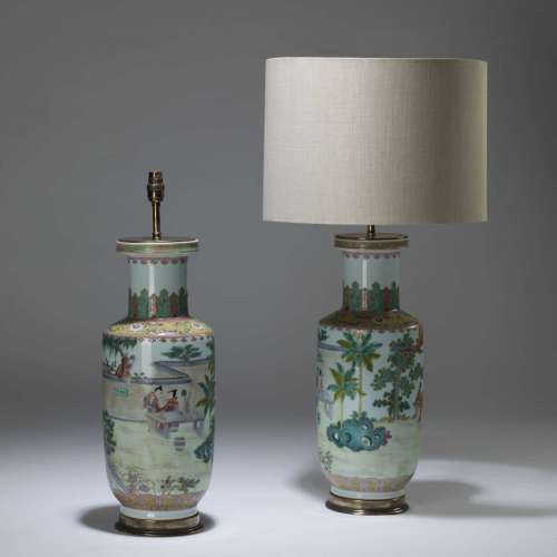 Pair Of Large Green Ceramic Antique 'palm Tree' Lamps On Brass Bases