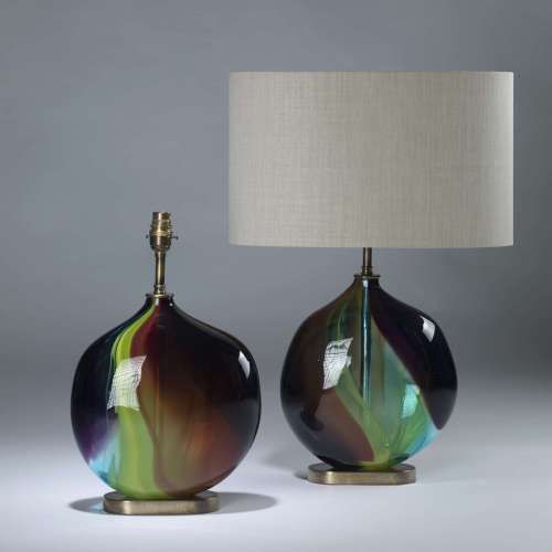 Pair Of Medium Multicoloured 'squashed Apple' Lamps On Oval Brass Bases