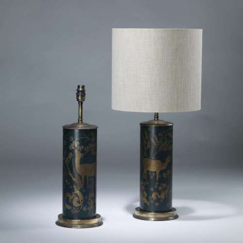 Pair Of Medium Gold And Blue Rateau Lamps On Antique Brass Bases