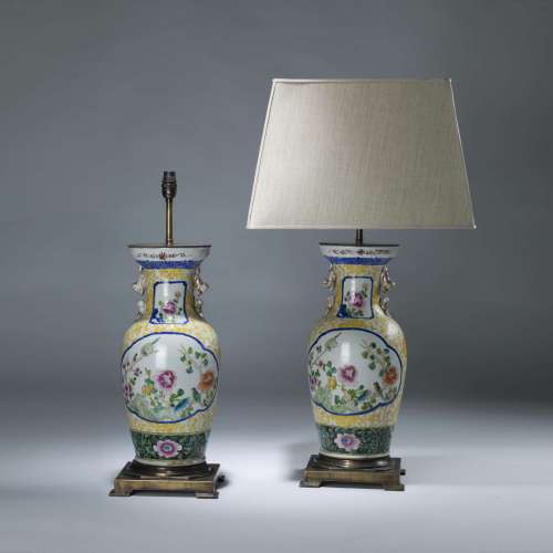 Pair Of Large Yellow Ceramic Chinese Porcelain Lamps On Antique Brass Bases