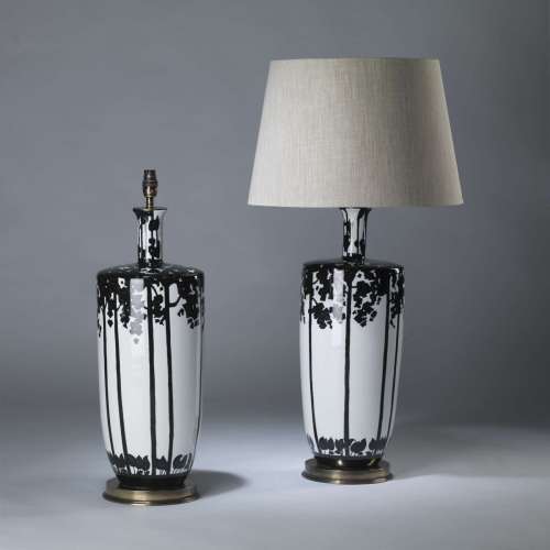 Pair Of Large Black And White Ceramic Tree Lamps On Round Brass Bases