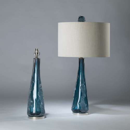 Pair Of Medium Blue Frosted Glass 'trail' Lamps On Round Nickel Bases With Matching Finials