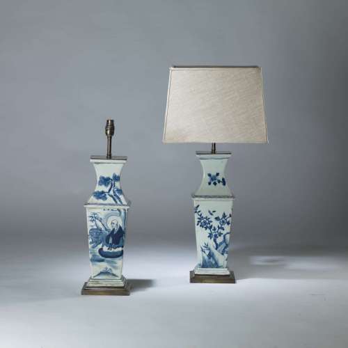 Pair Of Medium Blue And White Ceramic Chinese Lamps On Square Brass Bases