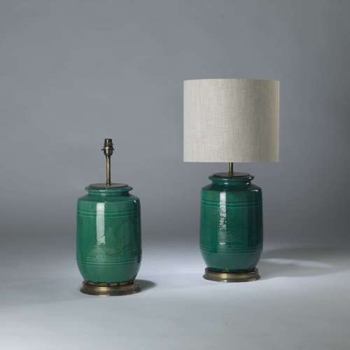 Pair Of Medium Green Ceramic 'bamboo' Lamps On Round Brass Bases