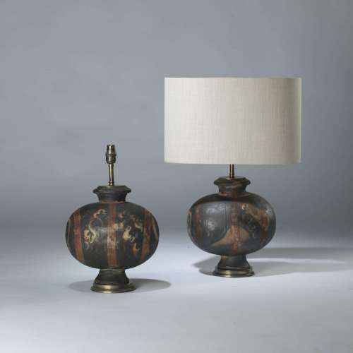 Pair Of Small Brown Ceramic Rustic Lamps On Round Brass Bases