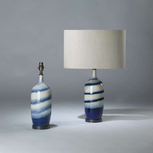 Pair Of Small Blue And White Ceramic 'helta Skelta' Lamps On Round Brass Bases