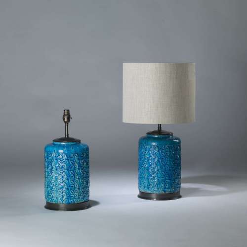 Pair Of Medium Electric Blue Rope Lamps On Round Brass Bases