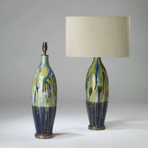 Pair Of Large Blue Yellow Ceramic Drizzle Lamps On Round Brass Bases