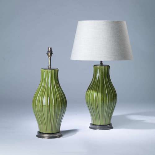 Pair Of Medium Green And Yellow Striped Ceramic Lamps On Round Brass Bases