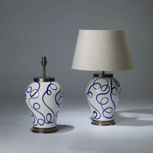 Pair Of Medium Blue And White 'spaghetti' Ceramic Lamps On Round Brass Bases