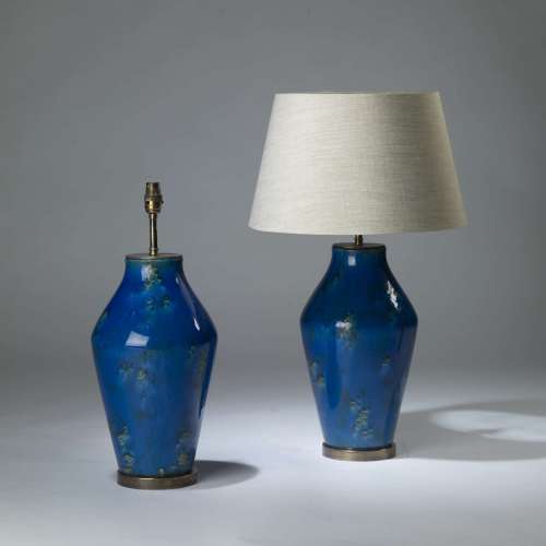 Pair Of Medium Colbalt Blue Ceramic Lamps On Round Brass Bases