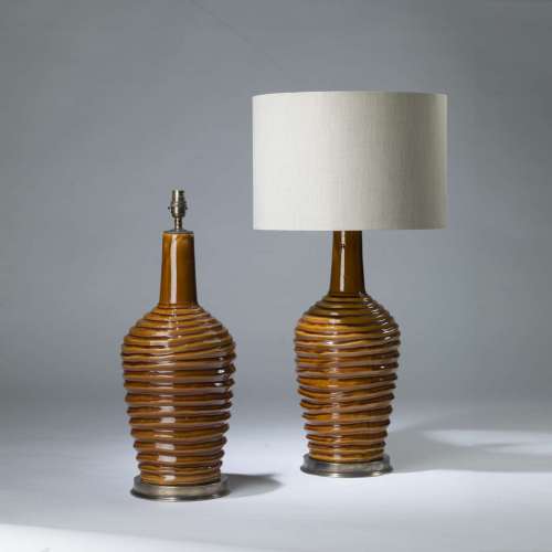 Pair Of Large  Brown Ceramic 'coil Pot' Lamps On Round Brass Bases