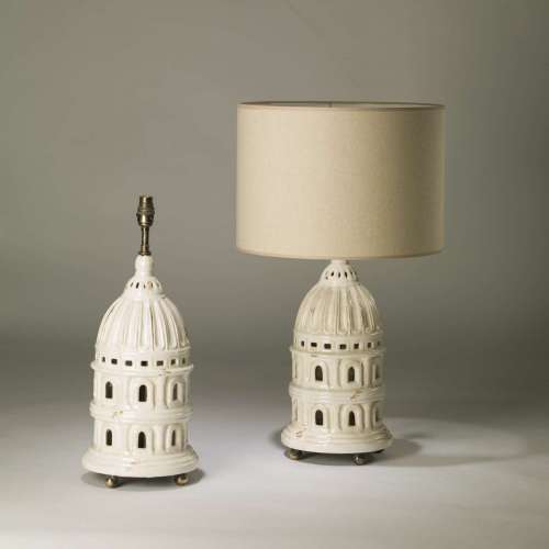 Pair Of Medium Cream White Ceramic 'Piazza' Lamps On Brass Ball Bases