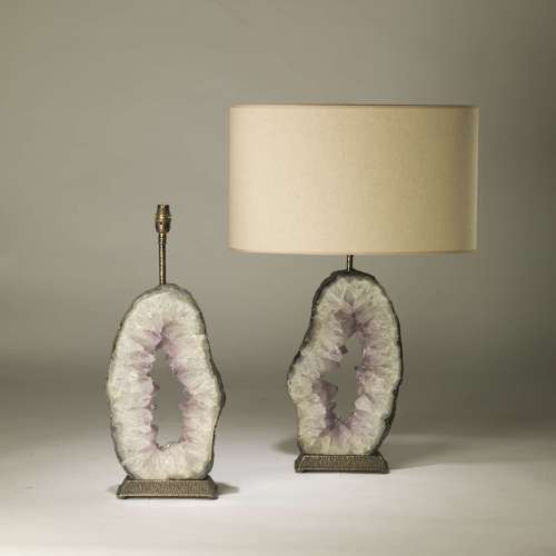 Pair Of Large Oval Purple Amethyst Slices On Textured Distressed Brass Bases