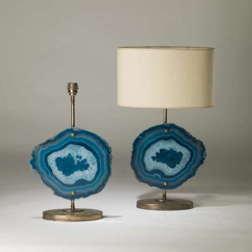 Pair Of Medium Blue Agate Lamps On Oval Distressed Brass Bases