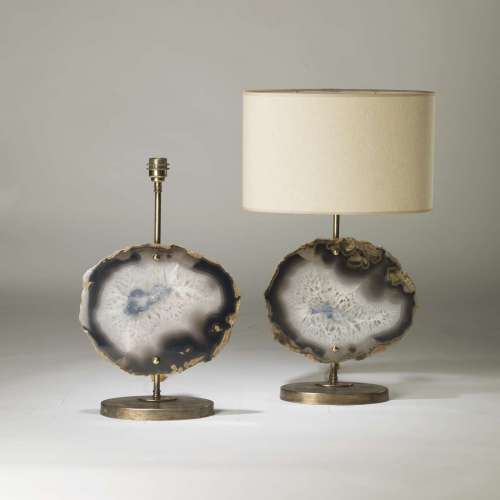 Pair Of Medium Rustic Brown Grey Agate Lamps On Oval Distressed Brass Bases