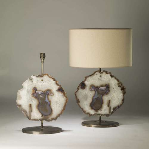 Pair Of Large Rustic Brown And White Agate Lamps On Oval Distressed Brass Bases