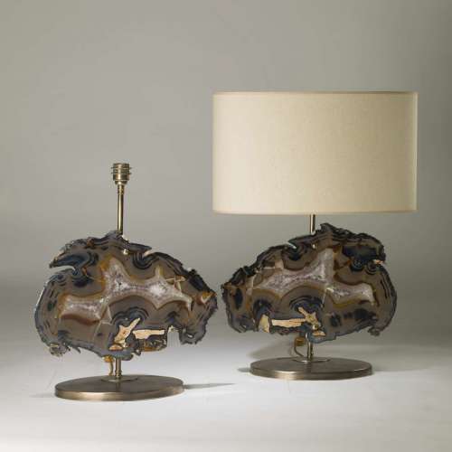 Pair Of Large Brown Agate Lamps On Oval Distressed Brass Bases