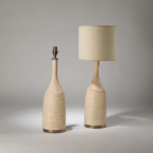 Pair Of Small Beige Carved Wooden 'Louis' Lamps On Round Brass Bases