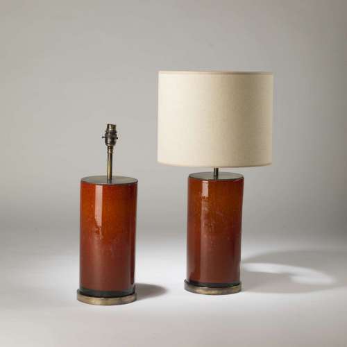 Pair Of Medium Red Bubble Glass Lamps On Round Brass Bases