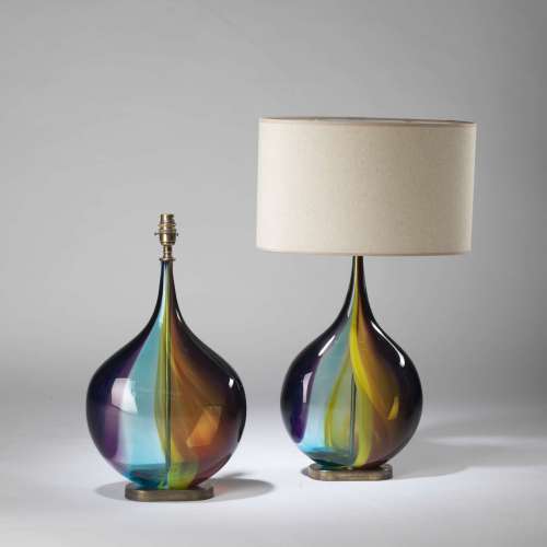 Pair Of Medium Glass Multicoloured 'squashed Apple' Lamps With Elongated Necks On Oval Brass Bases