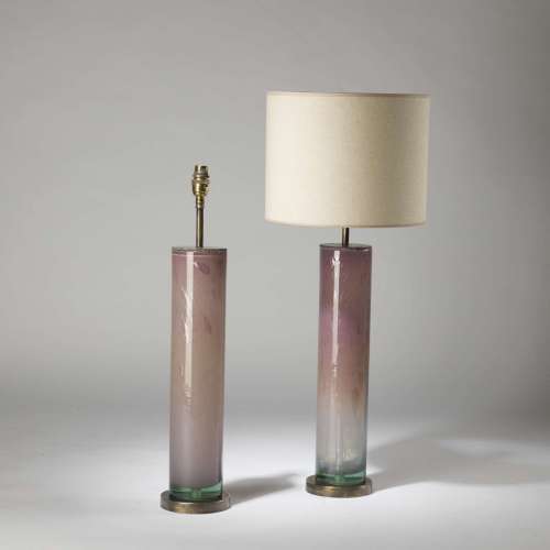Pair Of Tall Purple Bubble Glass Lamps On Round Brass Bases
