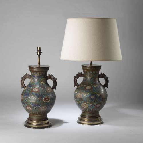Pair Of Large Brown Antique Chinese Cloisonné Vases(c1870) Converted To Lamps On Brass Bases