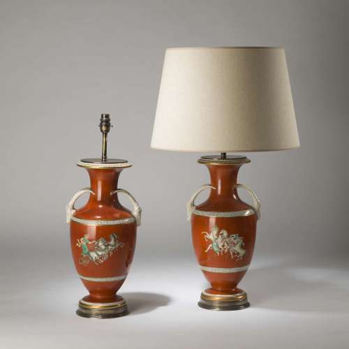 Pair Of Large Orange Antique English Porcelain Vases Converted To Lamps (possibly Made By Samuel Alcock ) On Antiqued Brass Bases