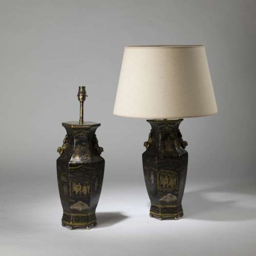 Pair Of Small Black Chinoiserie In Gold Details Lamps On Brass Ball Feet
