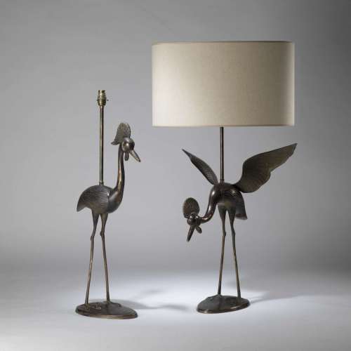 Pair Of Large 1970s Italian Brown  Bronze  Crane Lamps