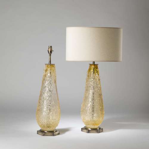 Pair Of Large Yellow Orange Glass 'Robyn' Lamps On Hexagonal Brass Bases