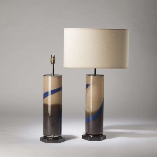 Pair Of Large Cream Blue Glass 'trail' Lamps On Brown Brown Hexagonal Bases