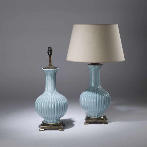Pair Of Medium Blue Traditional Ceramic Lamps On Square Brass Bases