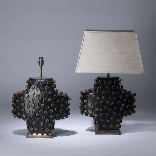 Pair Of Medium Black Ceramic Studded Plus Lamps On Rectangular Brass Bases