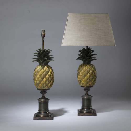 Pair Of Tall Yellow Pineapple Lamps On Decorative Brass Plinth Bases
