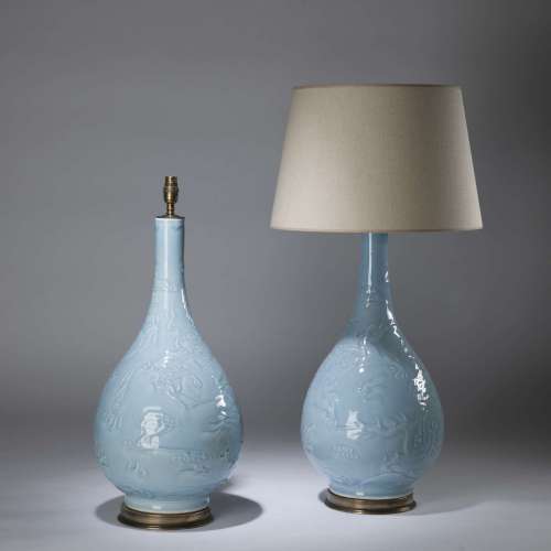 Pair Of Huge Blue Ceramic 'dragon' Teardrop Lamps On Round Brass Bases
