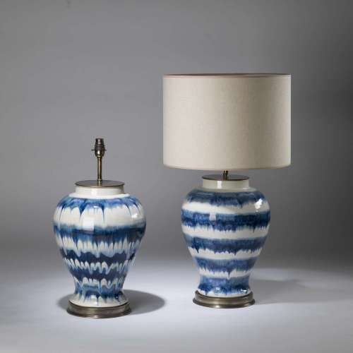 Pair Of Medium Blue And White Ceramic 'Tabitha' Lamps On Round Brass Bases