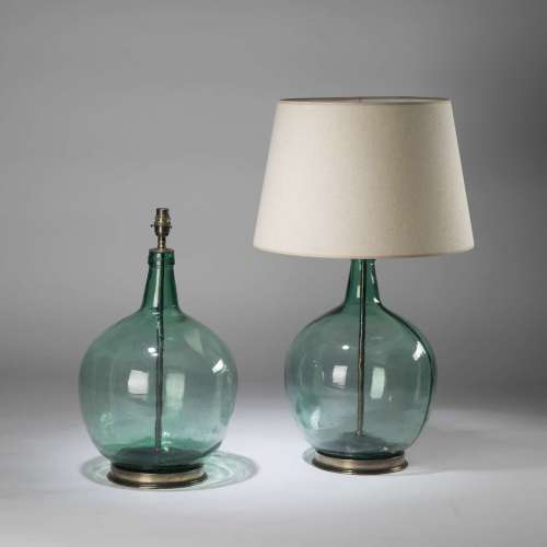 Pair Of Large Green Glass 'spencer' Teardrop Lamps On Round Brass Bases
