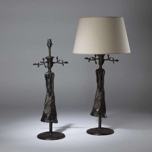 Pair Of Medium Brown Bronze Painted Finish Textured Metal 'woman' Lamps