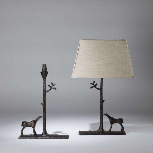 Pair Of Small Brown Bronze Painted Finish Textured Metal Horse And Tree Lamps