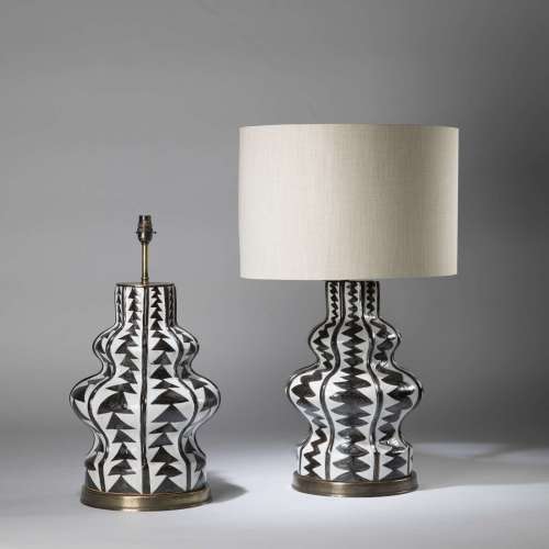 Pair Of Large Black And White Aztec Ceramic 'wobble' Lamps On Round Bases
